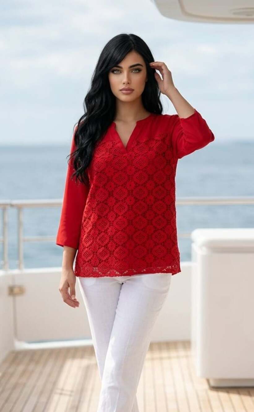 Investments Petites Red Lace Overlay Split Neck Blouse size PXL
